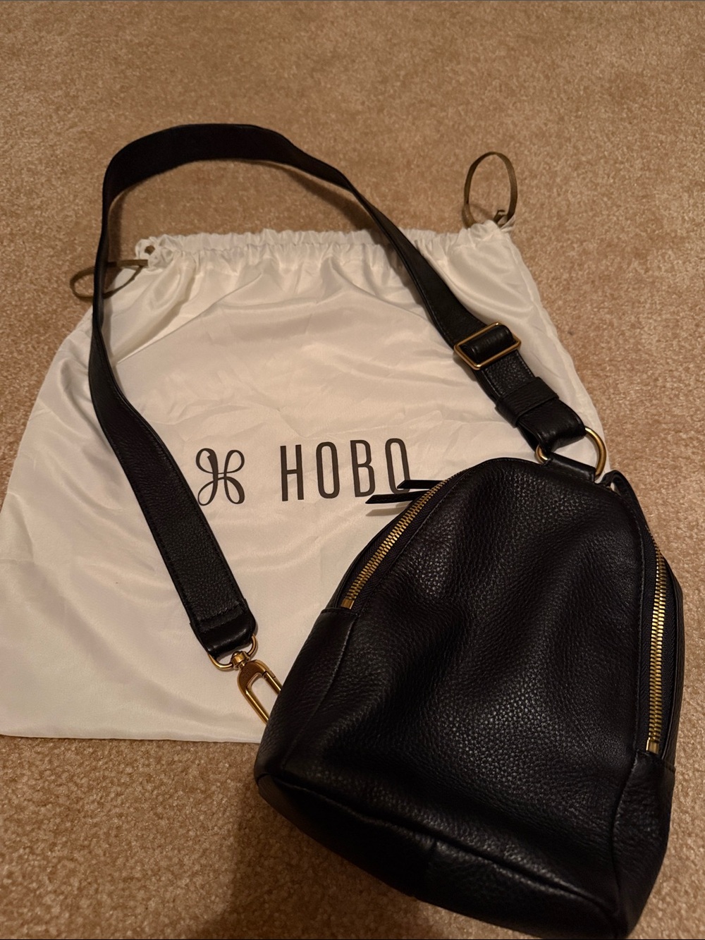 HOBO Black Pebbled Leather Sling Bag with Gold Hardware